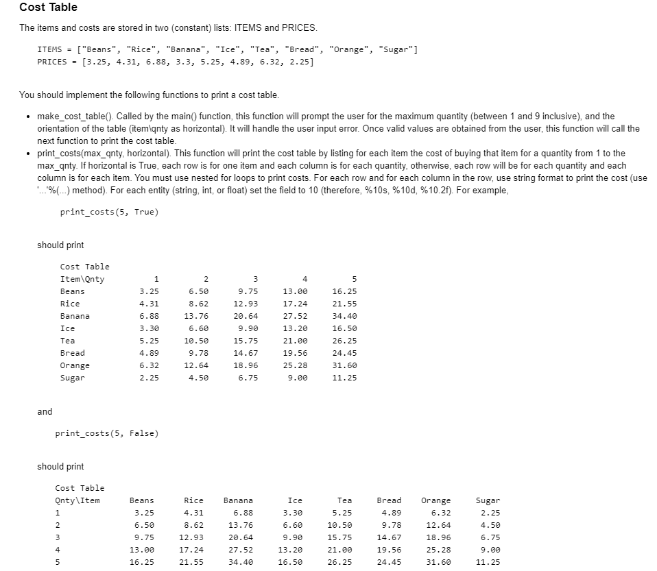 Solved Cost Table The items and costs are stored in two | Chegg.com