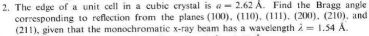 Solved 2. The edge of a unit cell in a cubic crystal is a = | Chegg.com