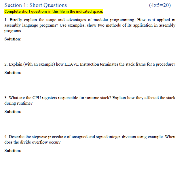 Solved Section 1: Short Questions (4x5=20) Complete short | Chegg.com