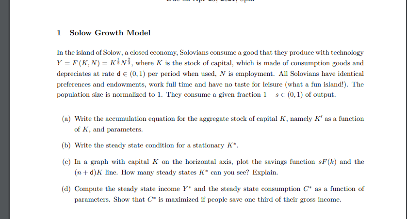 Solved 1 Solow Growth Model In the island of Solow, a closed | Chegg.com