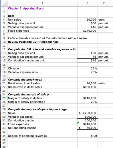 Solved A B С 1 Chapter 5: Applying Excel 2 3 Data 4 Unit | Chegg.com