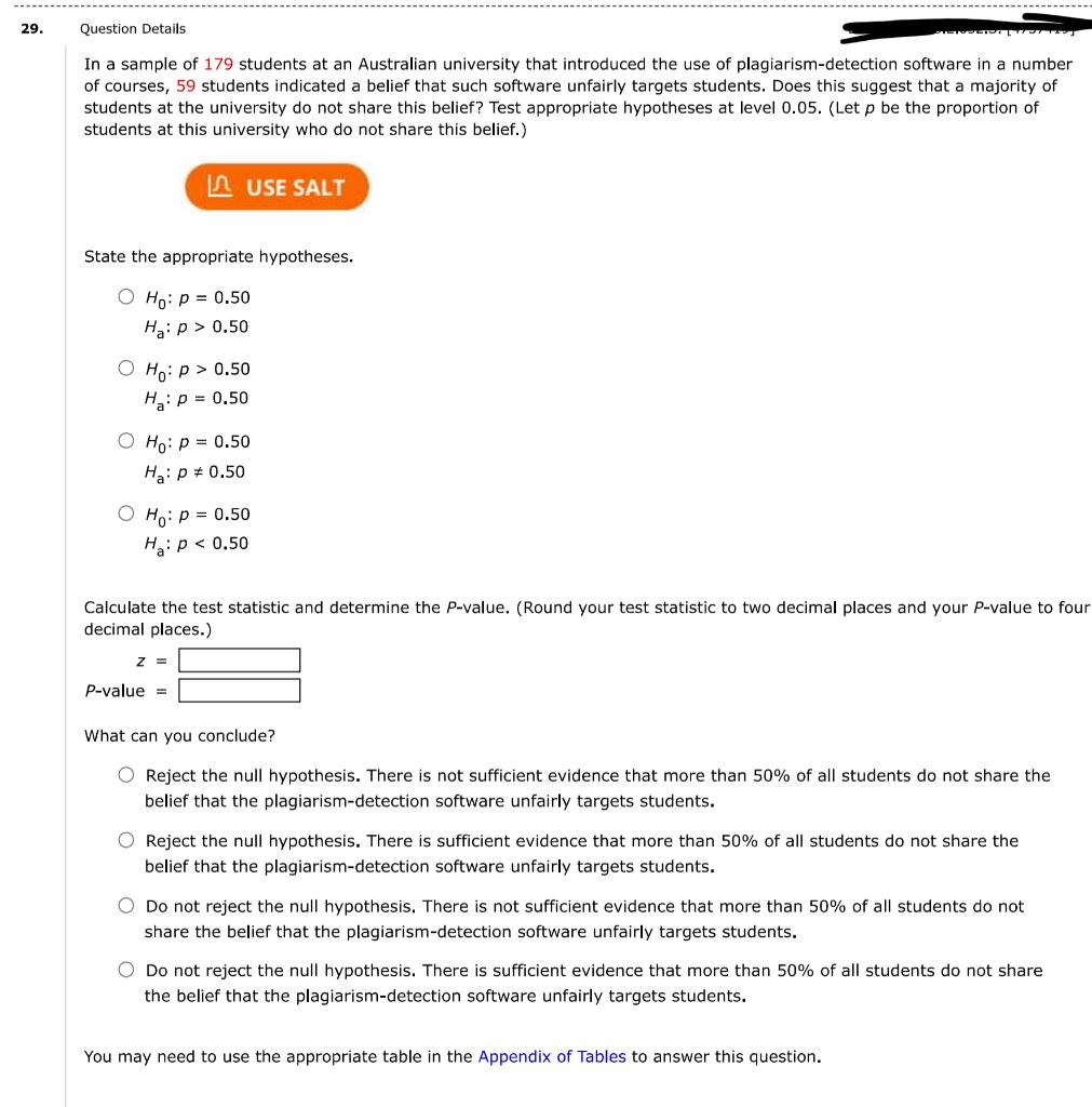 Solved 29. Question Details In a sample of 179 students at | Chegg.com