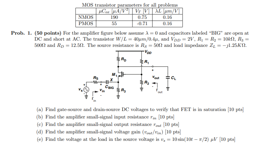 Solved Mos Transistor Parameters For All Problems Ucor U Chegg Com