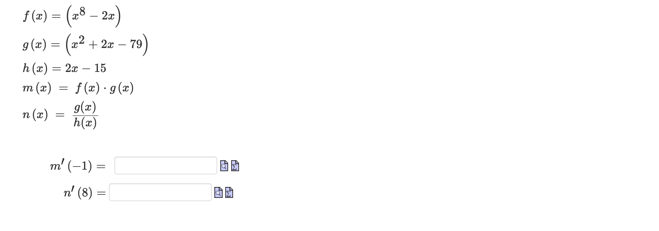 Solved Fxx8−2xgxx22x−79hx2x−15mxfx⋅gxn 1162