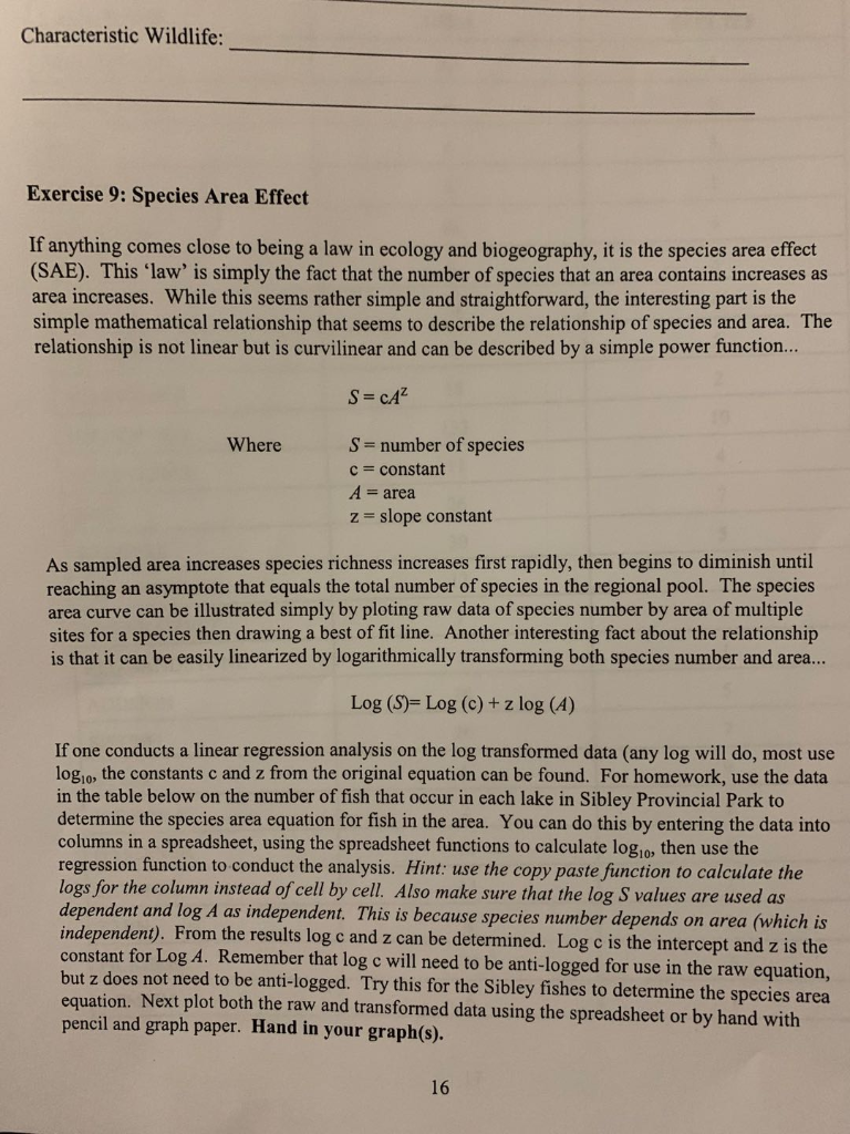 Characteristic Wildlife: Exercise 9: Species Area | Chegg.com