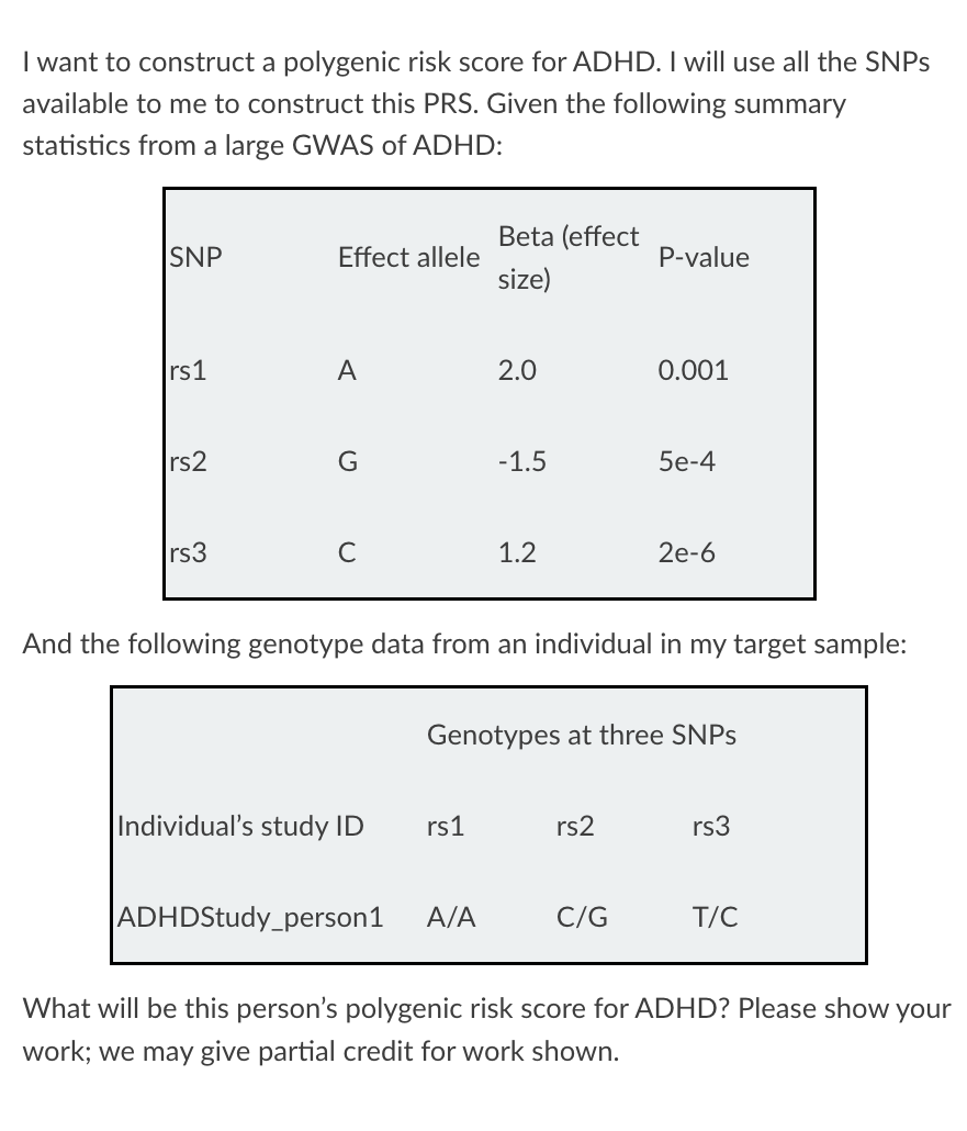 I want to construct a polygenic risk score for ADHD. | Chegg.com