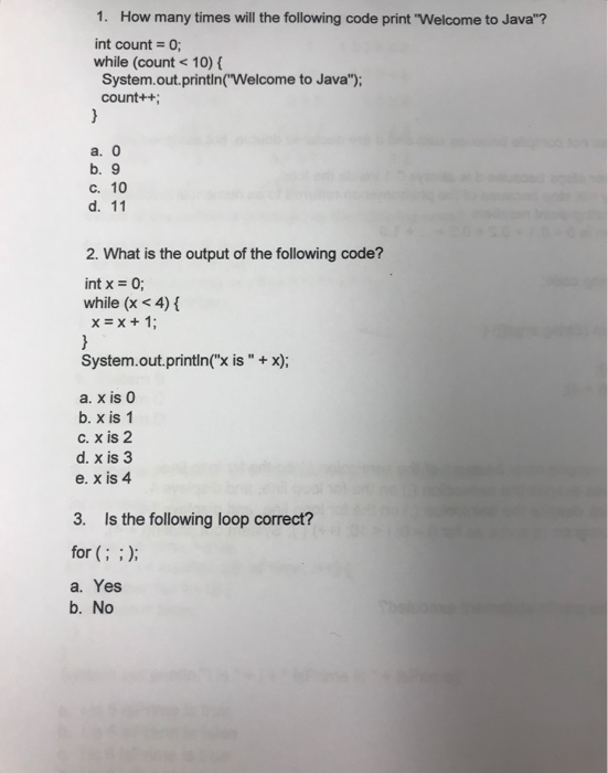 Solved 1. How many times will the following code print | Chegg.com