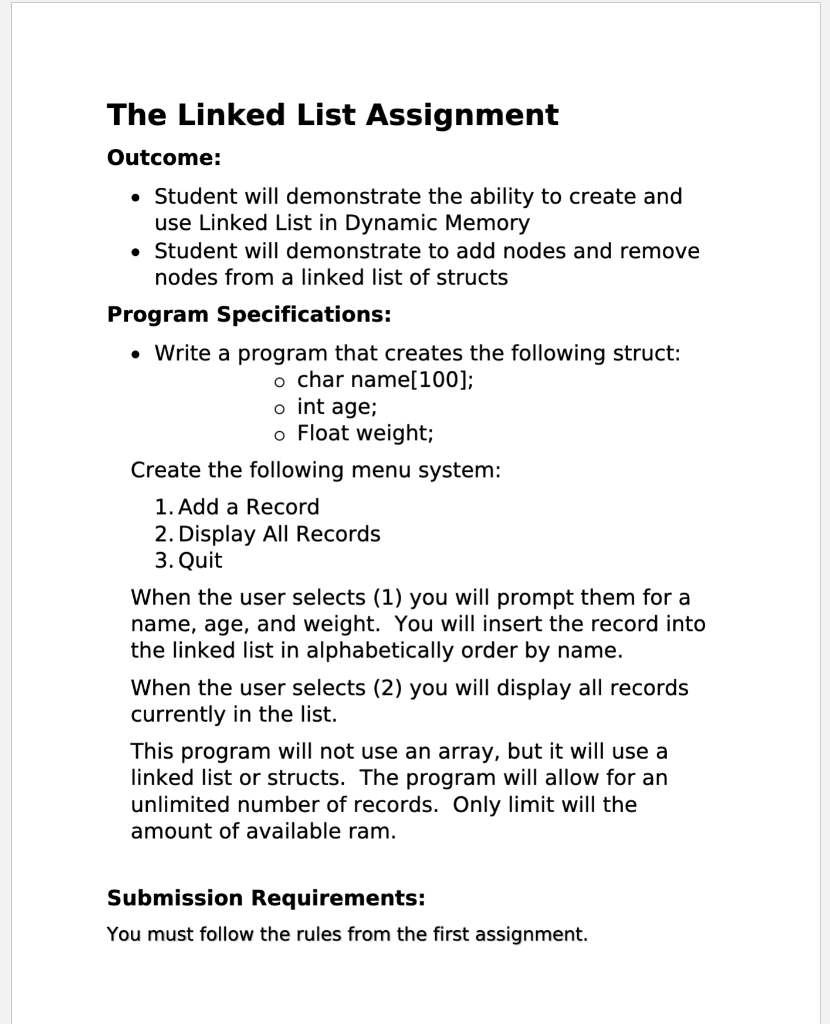 linked list assignment questions