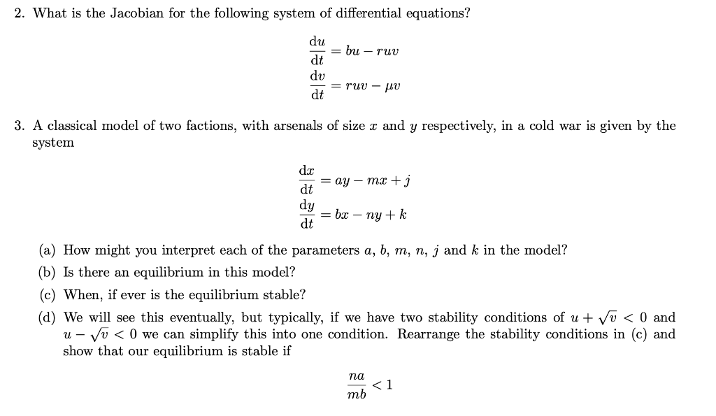 Solved 2. What is the Jacobian for the following system of | Chegg.com