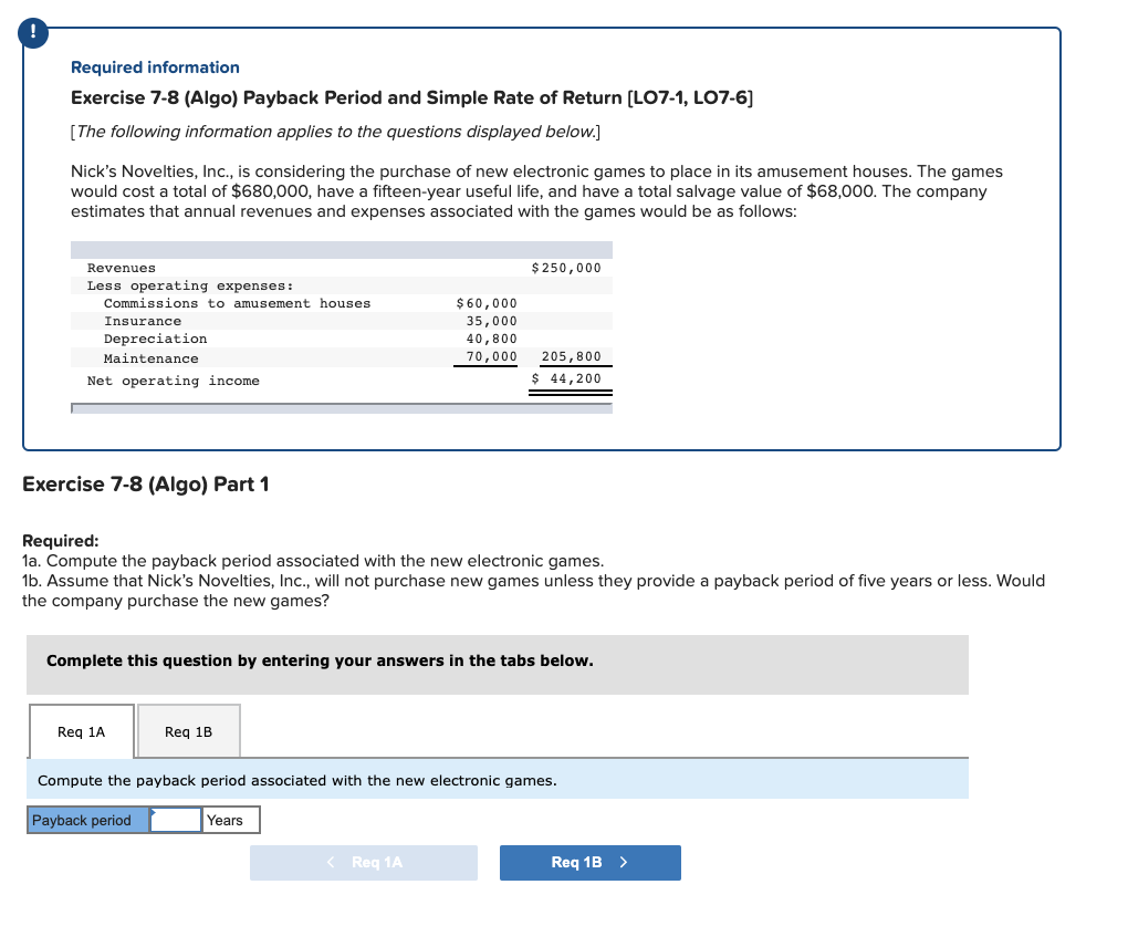 Solved Required information Exercise 7-8 (Algo) Payback | Chegg.com