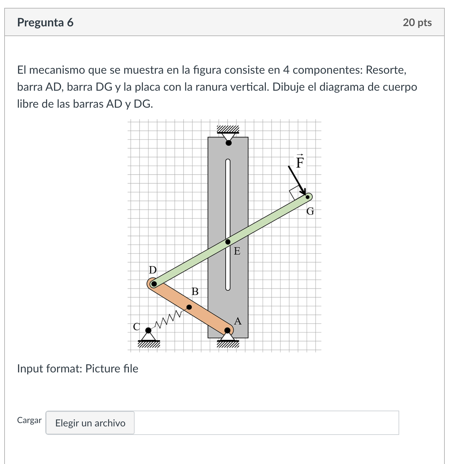 El mecanismo que se muestra en la figura consiste en 4 componentes: Resorte, barra \( A D \), barra \( D G \) y la placa con