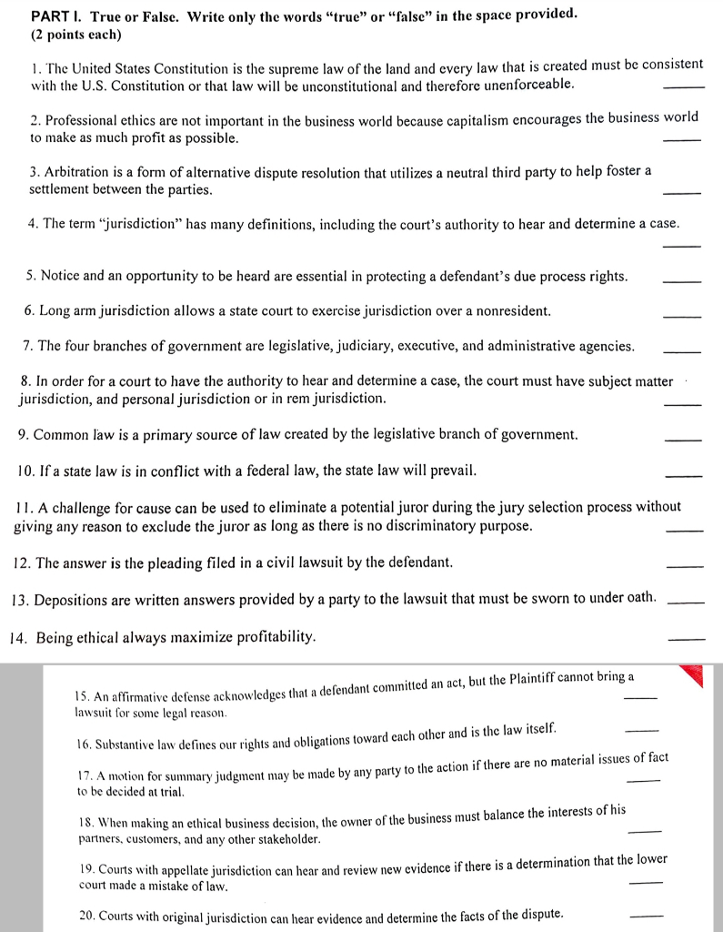 Solved PART I. True or False. Write only the words 