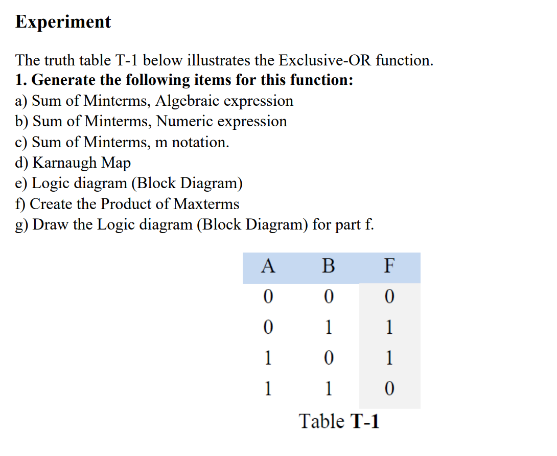 Experiment The Truth Table T 1 Below Illustrates The Cheggcom