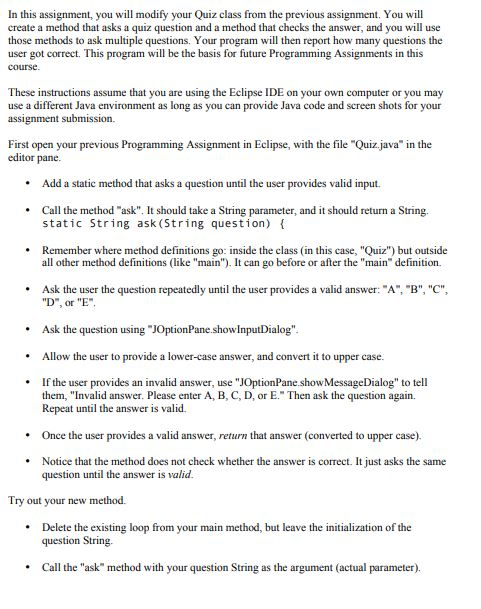 In this assignment, you will modify your Quiz class | Chegg.com