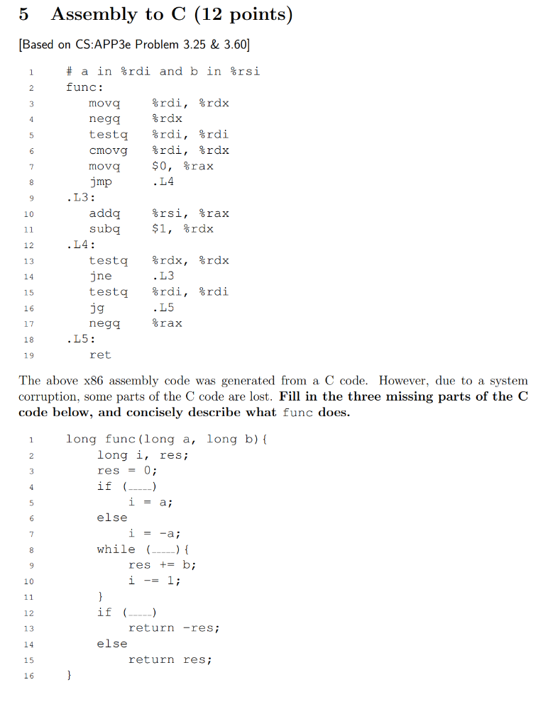 Solved 5 Assembly to C (12 points) [Based on CS:APP3e | Chegg.com