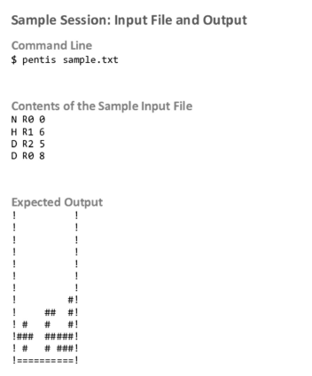 Sample Session: Input File and Output Command Line $ pentis sample.txt Contents of the Sample Input File N ROO H R1 6 D R25 D