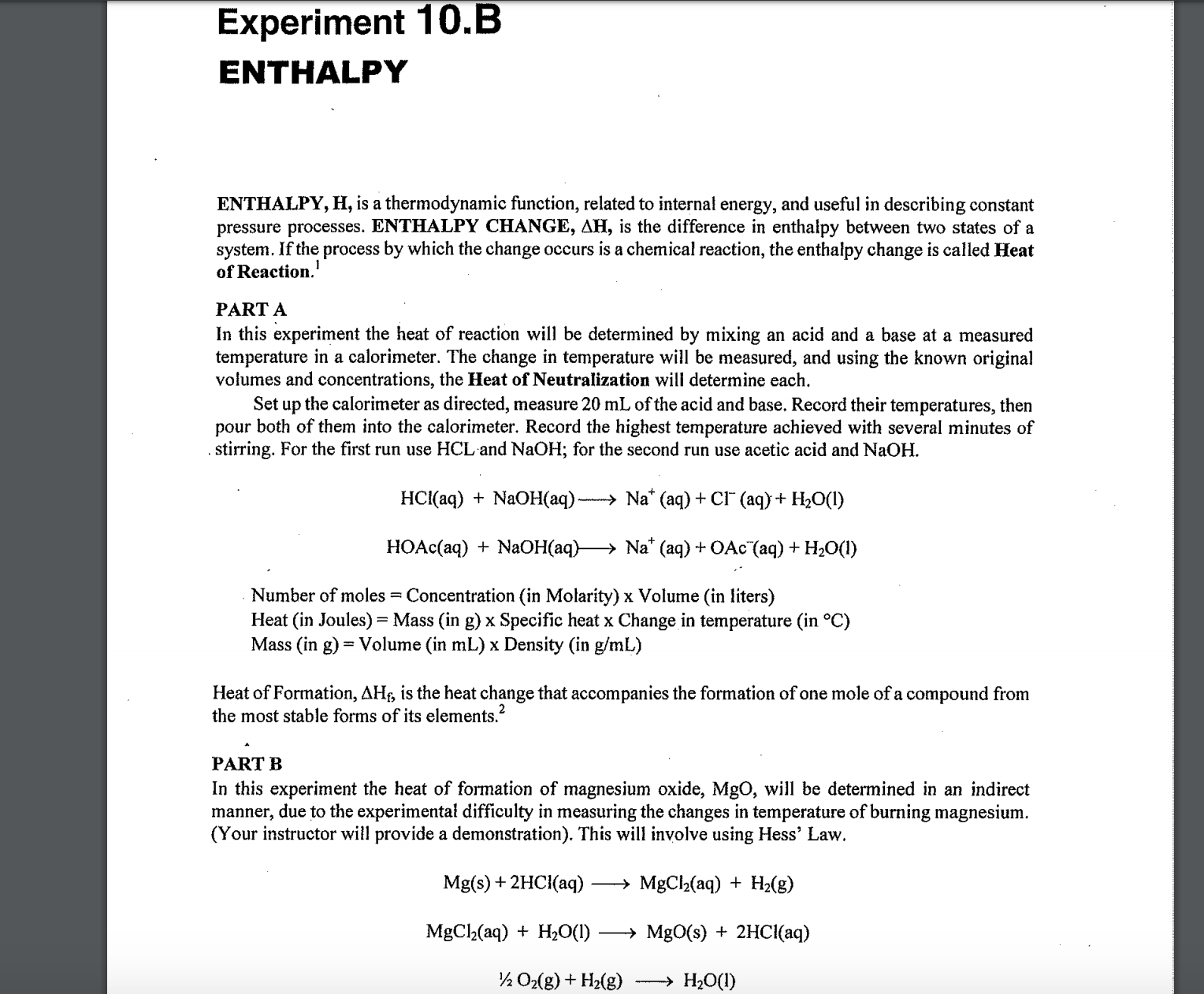 experiment 10.b enthalpy