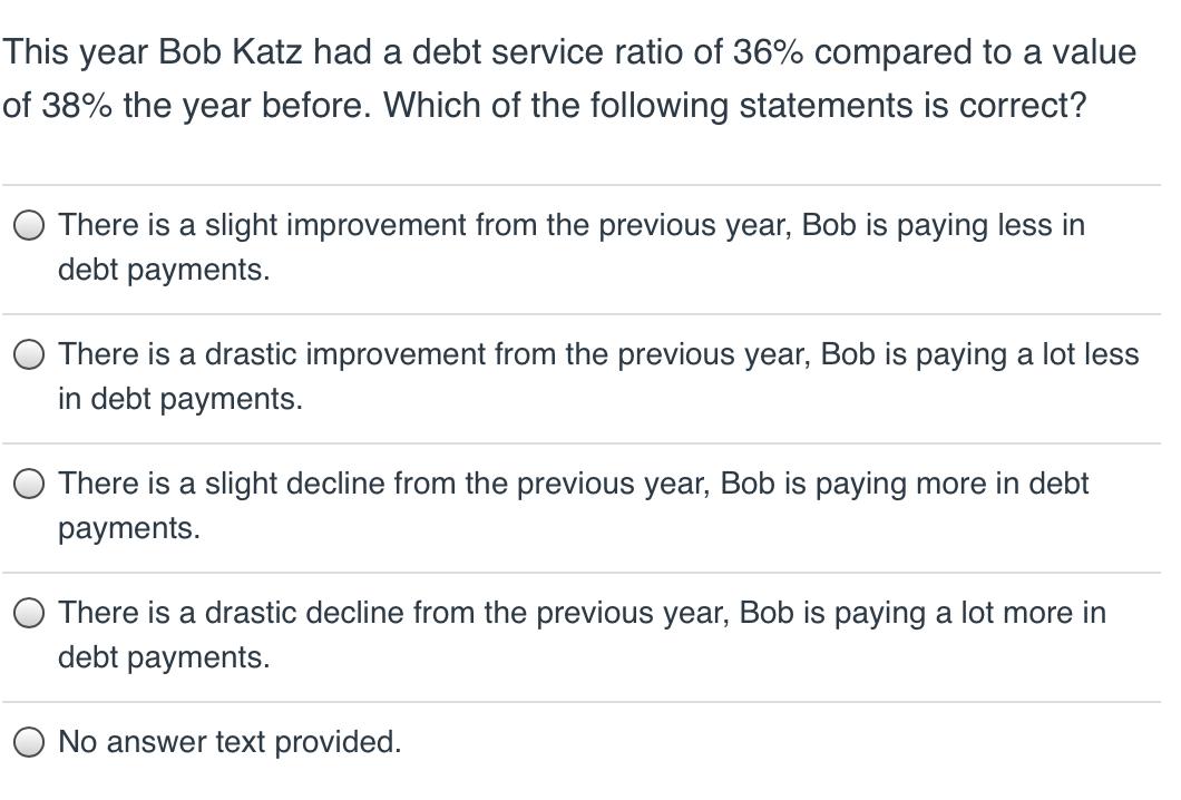 Solved This year Bob Katz had a debt service ratio of 36% | Chegg.com