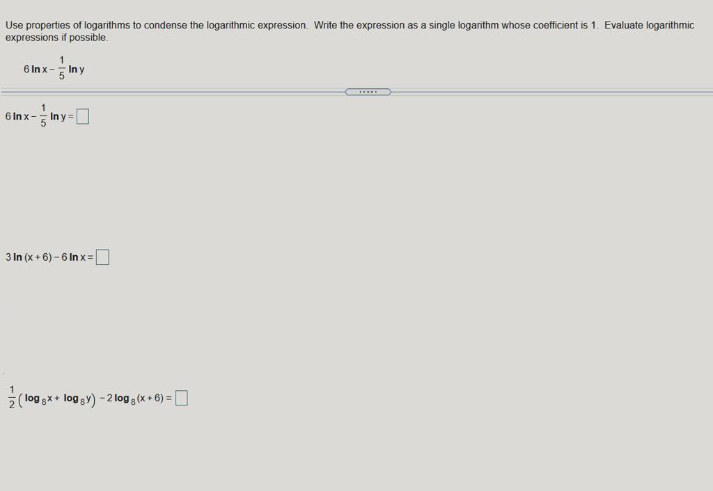 Solved Use properties of logarithms to condense the | Chegg.com