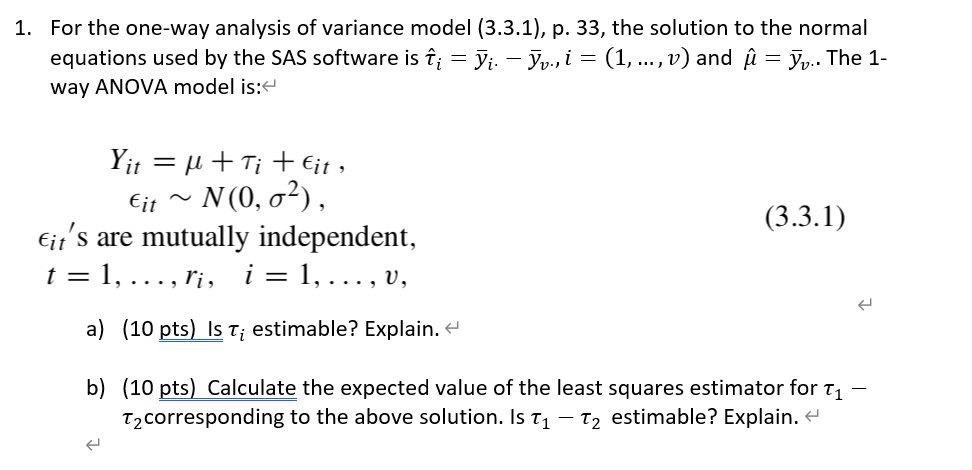 Solved 1. For The One-way Analysis Of Variance Model | Chegg.com