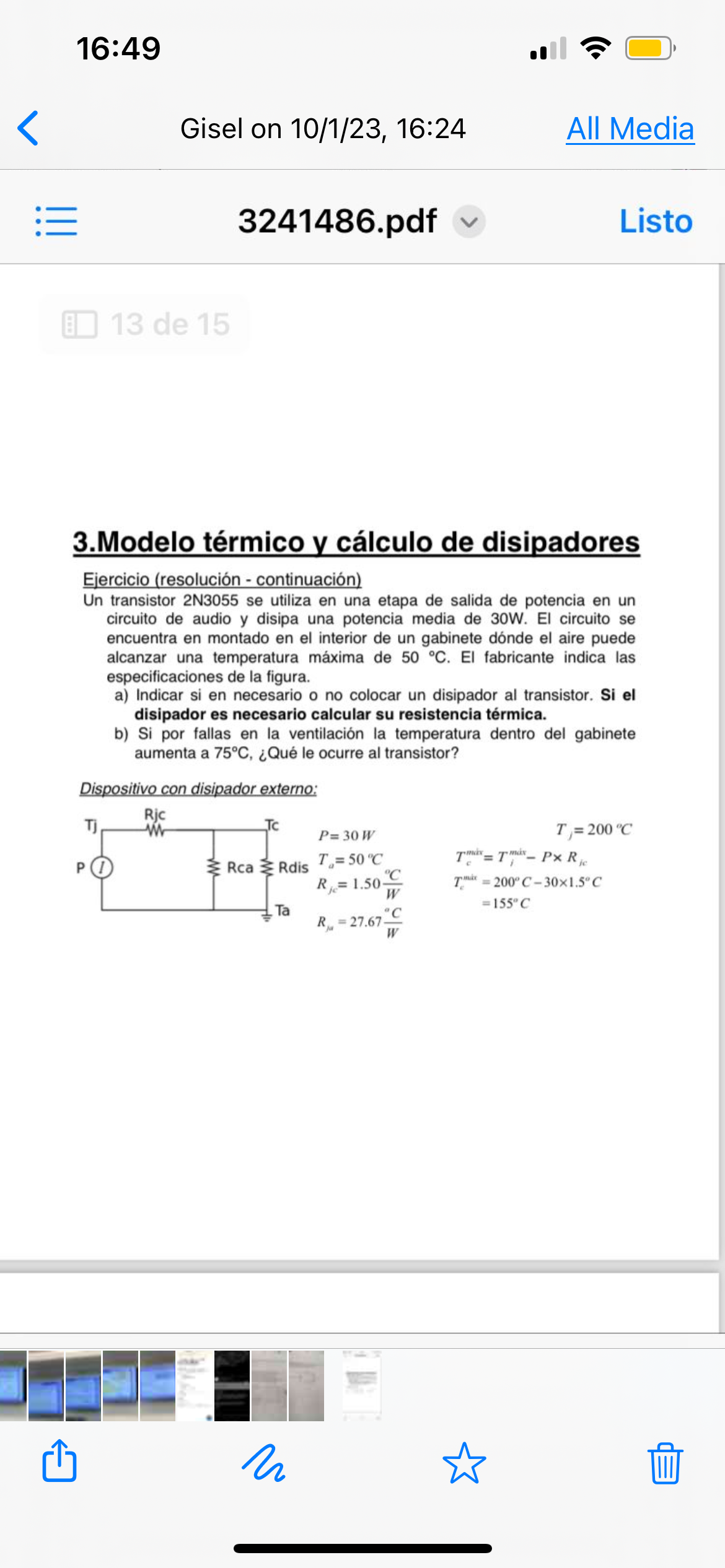 3.Modelo térmico y cálculo de disipadores Ejercicio (resolución - continuación) Un transistor 2N3055 se utiliza en una etapa