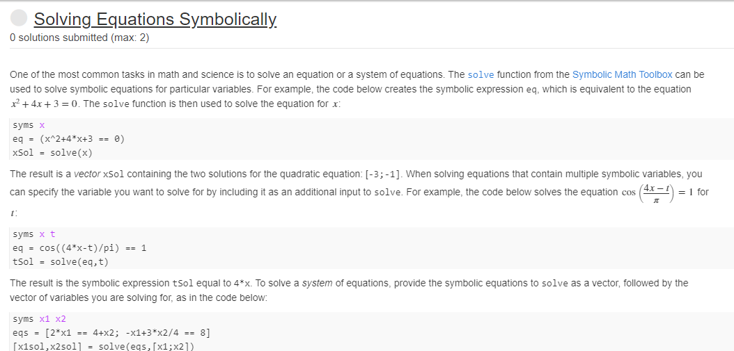 Solved Solving Equations Symbolically. O solutions submitted | Chegg.com