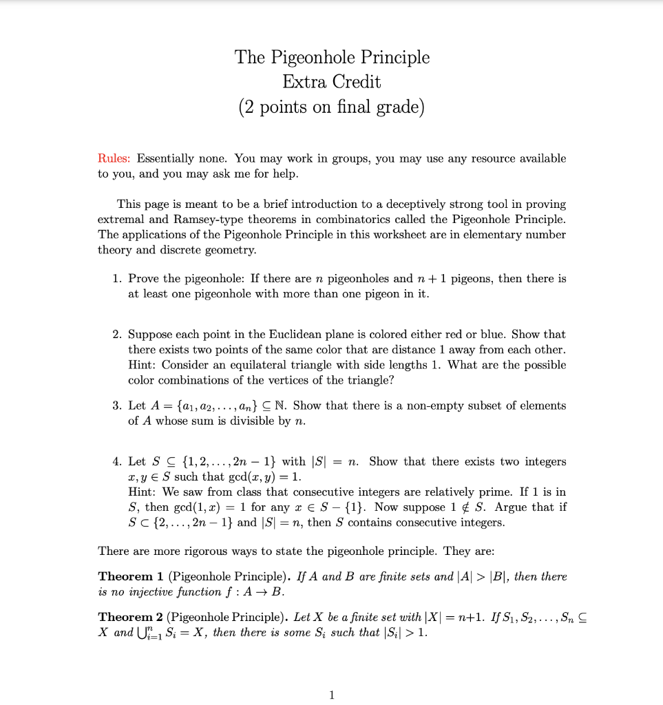 Solved The Pigeonhole Principle Extra Credit ( 2 points on