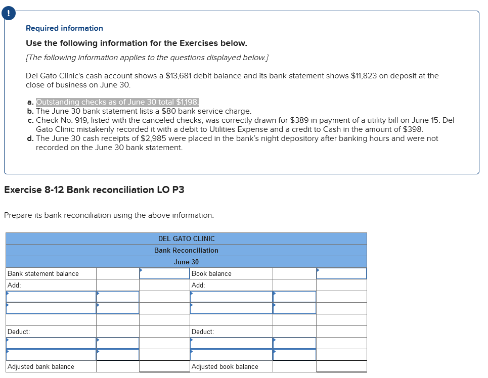 Solved Exercise 8-12 Bank Reconciliation LO P3 Prepare Its | Chegg.com