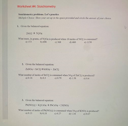 Worksheet #4: Stoichiometry Stoichiometry problems. | Chegg.com