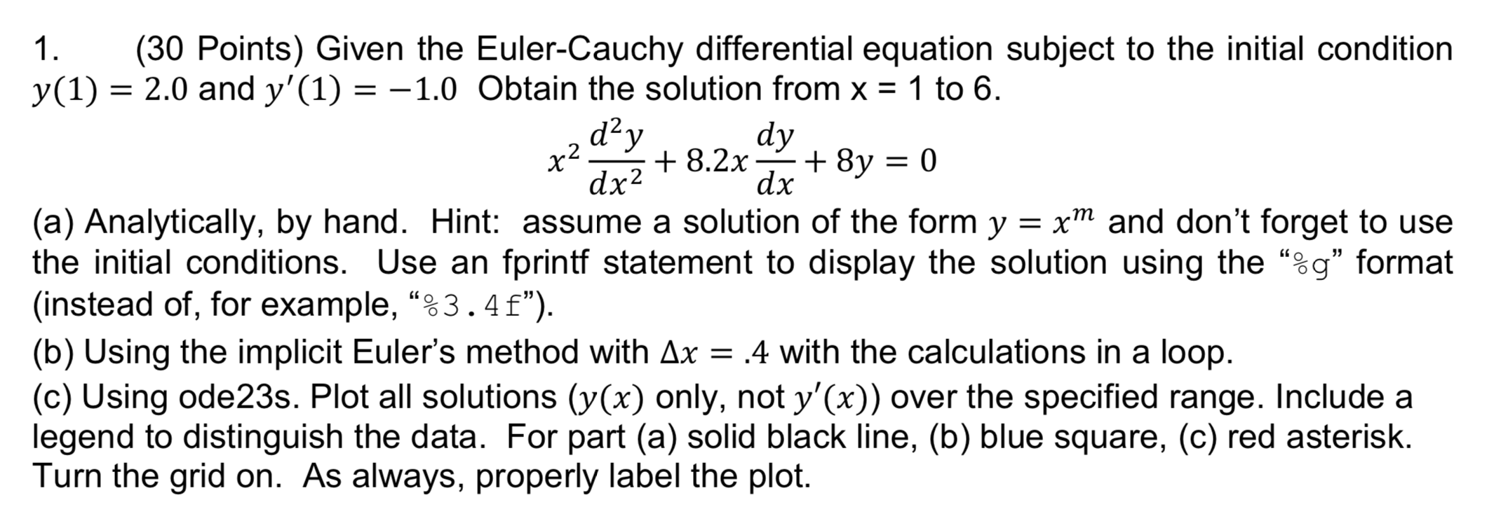 Solved 1 30 points given the euler cauchy differential chegg