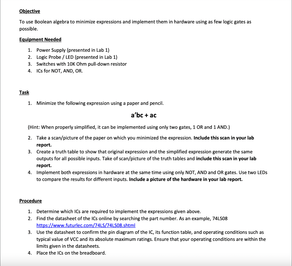 Solved Objective To use Boolean algebra to minimize | Chegg.com