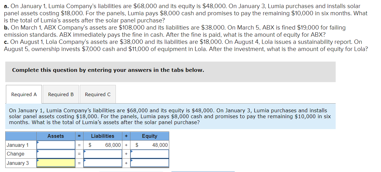 a. On January 1 , Lumia Companys liabilities are \( \$ 68,000 \) and its equity is \( \$ 48,000 \). On January 3 , Lumia pur