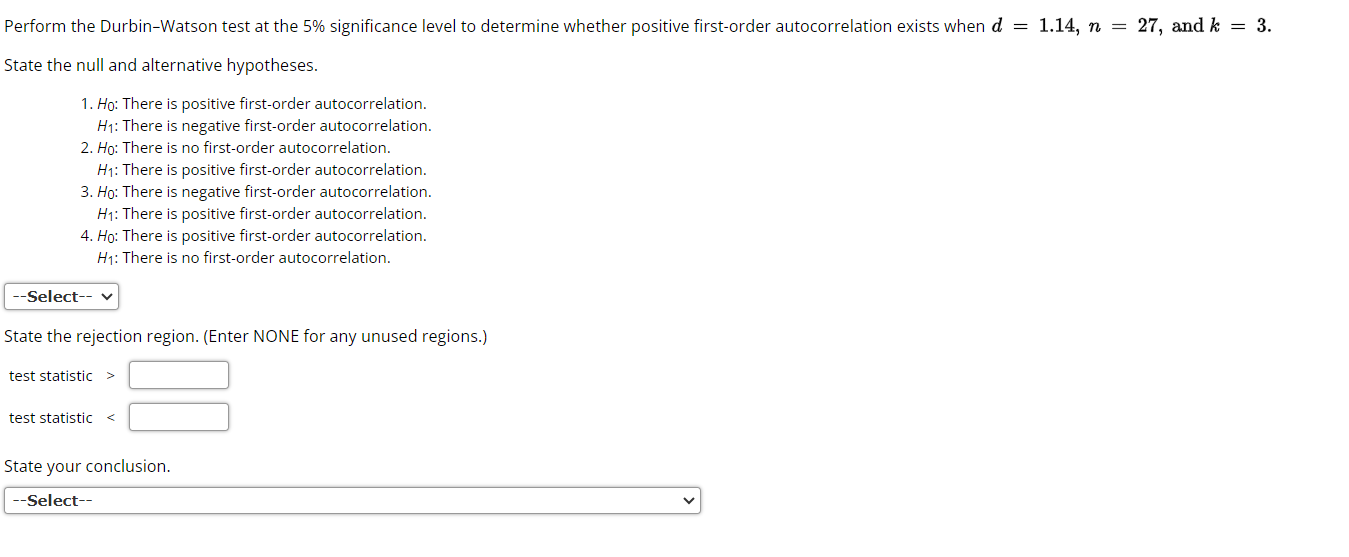 Solved Perform the Durbin-Watson test at the 5% significance | Chegg.com