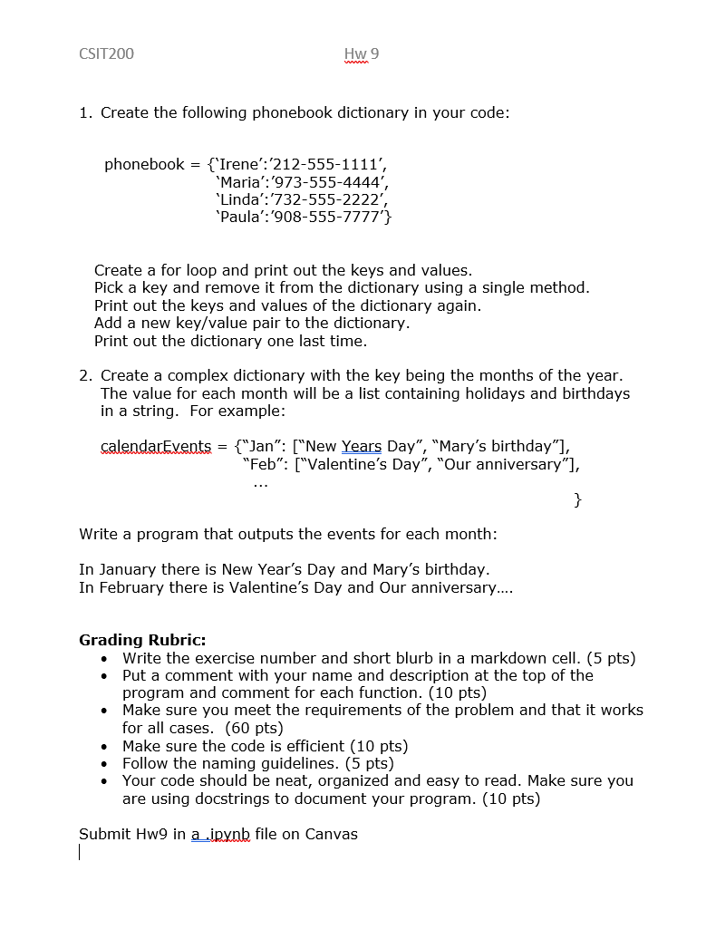 CSIT200 Hw9 1. Create the following phonebook