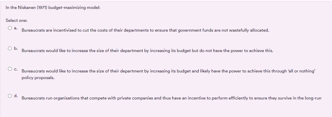 Solved In the Niskanen (1971) budget-maximizing model: | Chegg.com