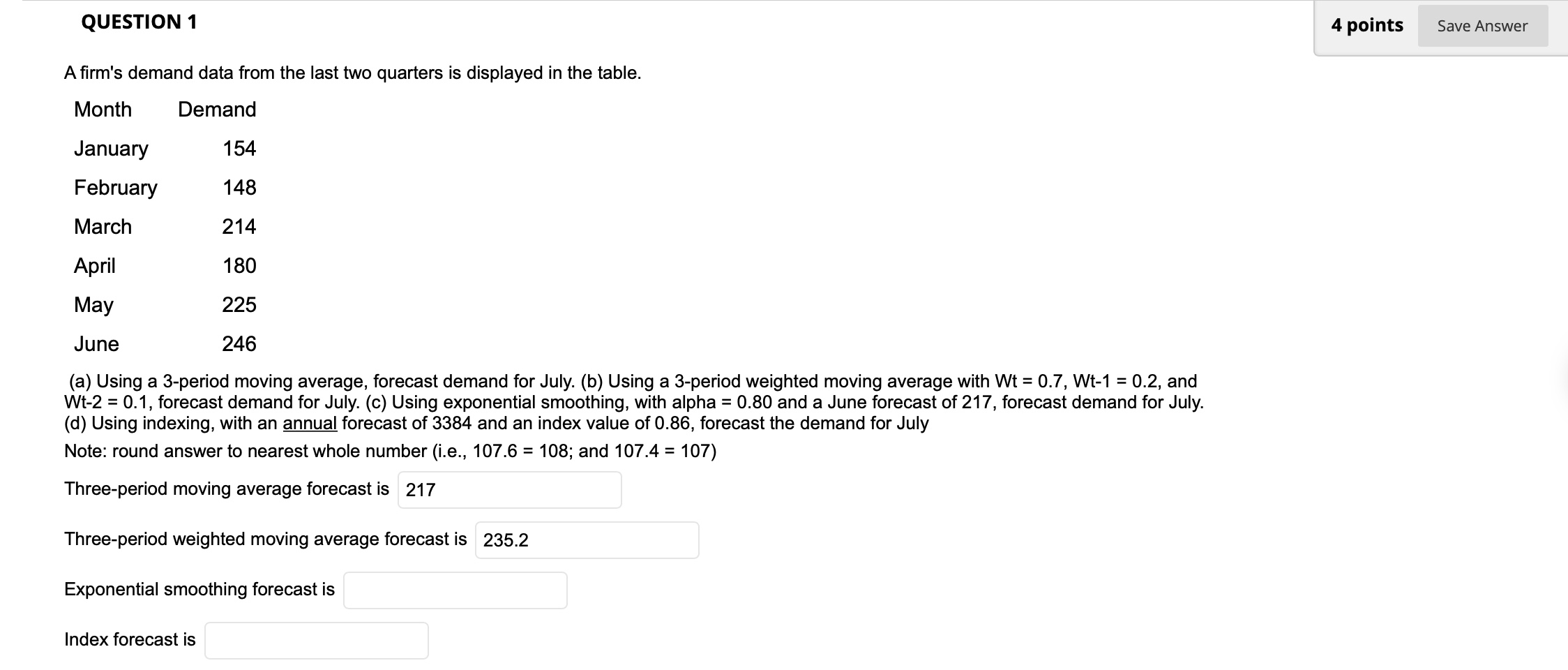 Solved QUESTION 1 4 points Save Answer A firm's demand data | Chegg.com