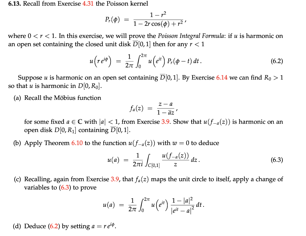 Solved 6.13. Recall from Exercise 4.31 the Poisson kernel = | Chegg.com ...