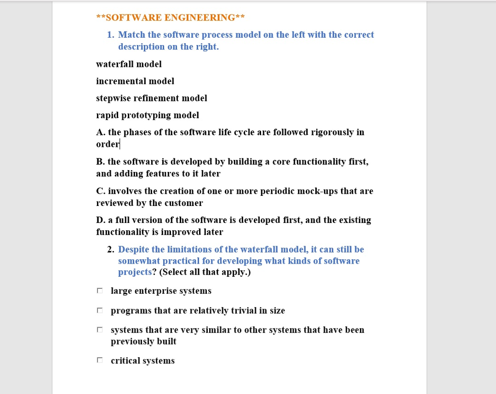Solved **SOFTWARE ENGINEERING** 1. Match the software | Chegg.com