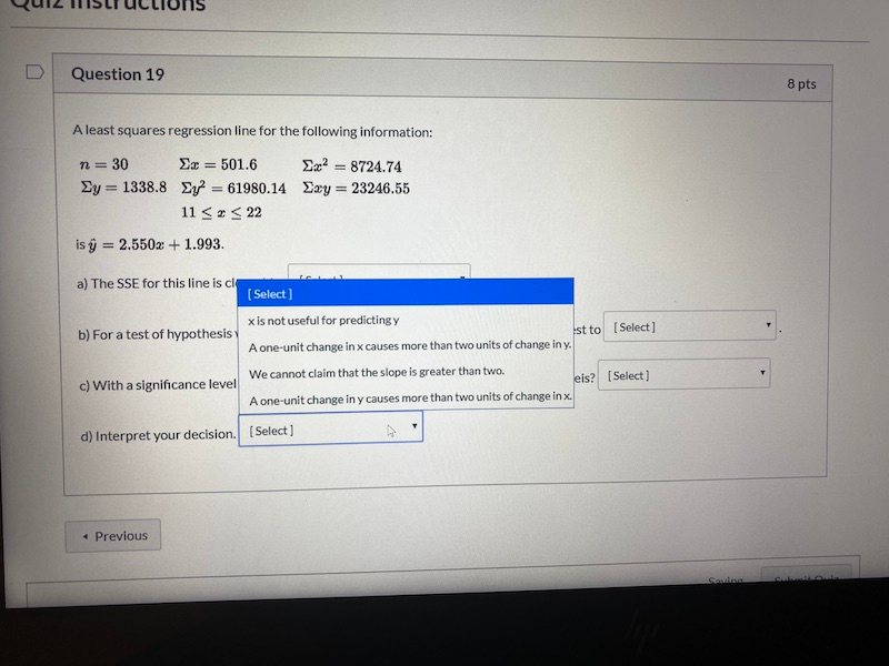 Solved Question 19 8 pts A least squares regression line for | Chegg.com