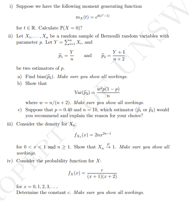 Solved I) Suppose We Have The Following Moment Generating | Chegg.com