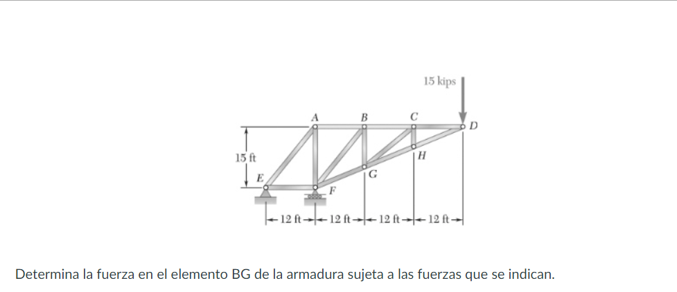 Determina la fuerza en el elemento BG de la armadura sujeta a las fuerzas que se indican.