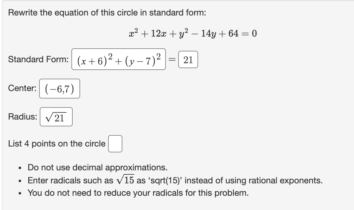 Solved Rewrite the equation of this circle in standard form: | Chegg.com
