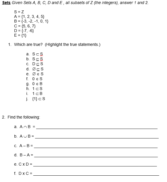 Sets Given Sets A B C D And E All Subsets Of Z Chegg Com