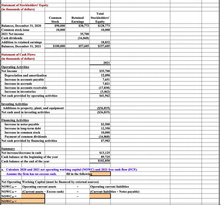 a. Calculate 2020 and 2021 net operating working | Chegg.com