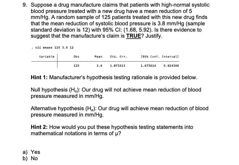 Solved 9. Suppose a drug manufacture claims that patients | Chegg.com