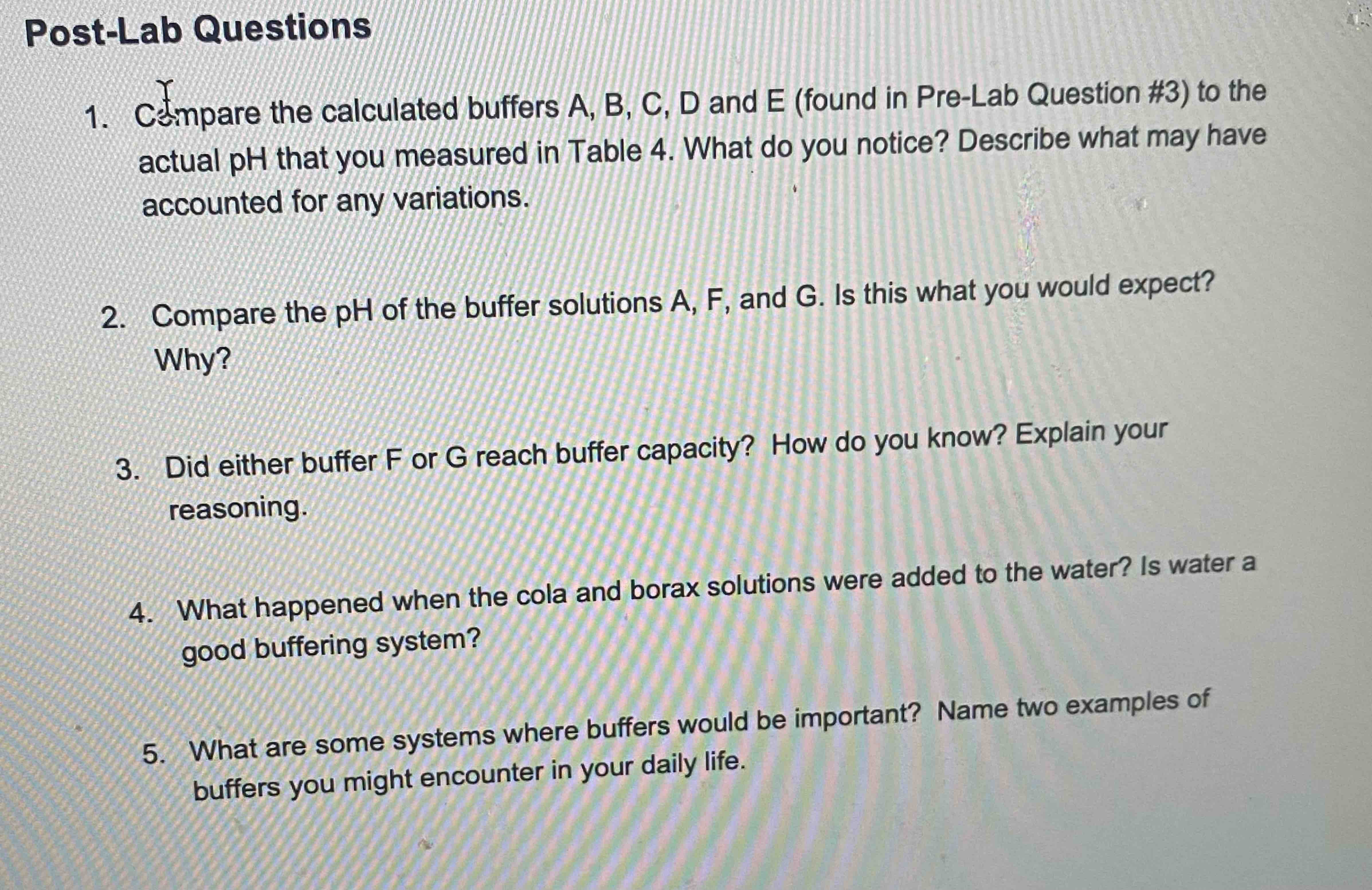 Post-Lab QuestionsCempare the calculated buffers A, | Chegg.com