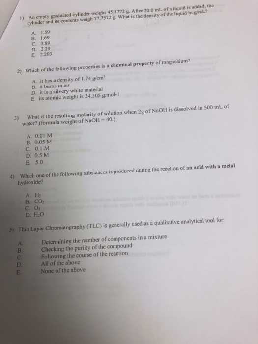 Solved empty graduated cylinder weighs 45.8772 g. After 20.0