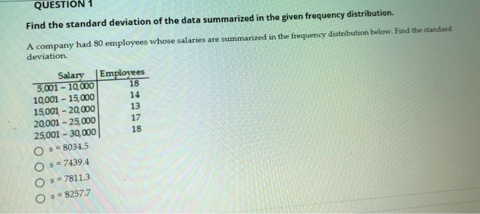 Solved QUESTION 1 Find the standard deviation of the data | Chegg.com