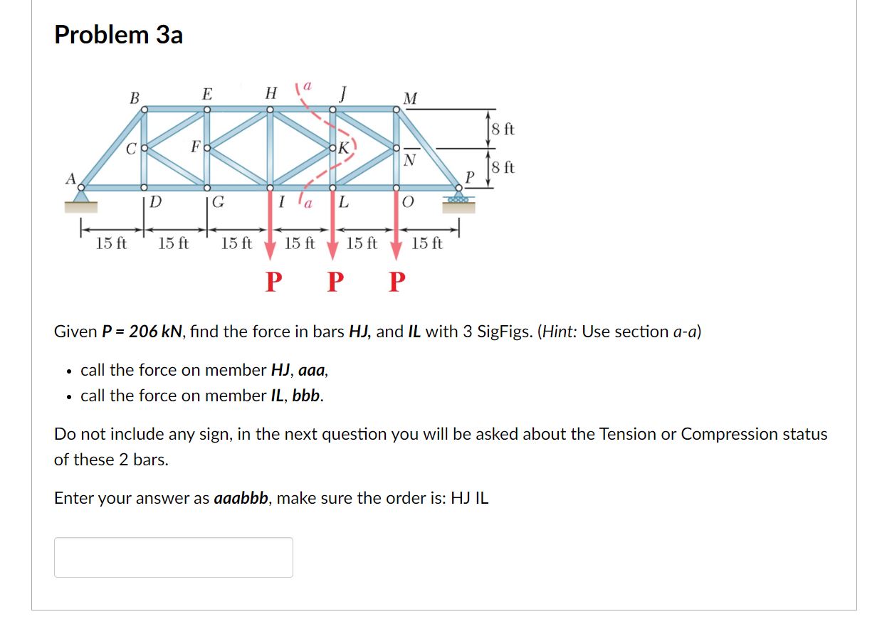 Solved Problem 3a Given P=206kN, find the force in bars HJ, | Chegg.com
