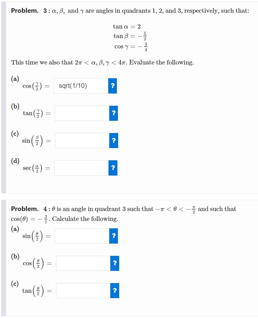 Solved Problem. 4:θ ﻿is an angle in quadrant 3 ﻿such that | Chegg.com